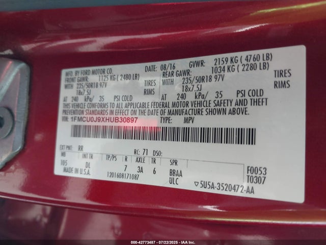 1FMCU0J9XHUB30897 Ford 2017