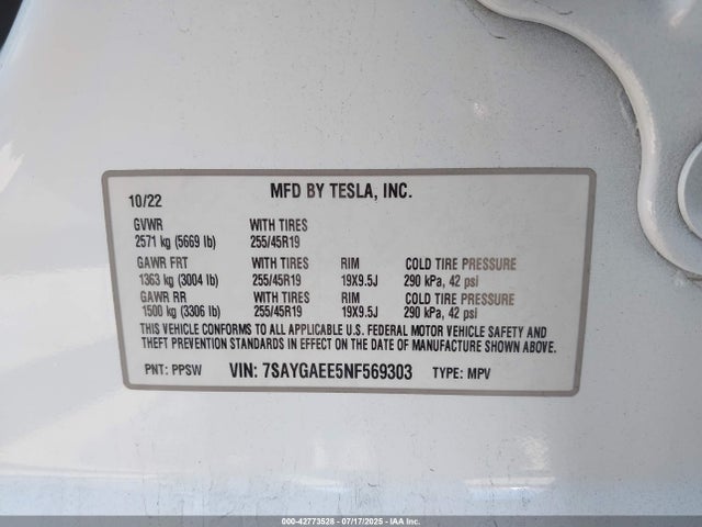 2022 TESLA MODEL Y 7SAYGAEE5NF569303 Photo 8