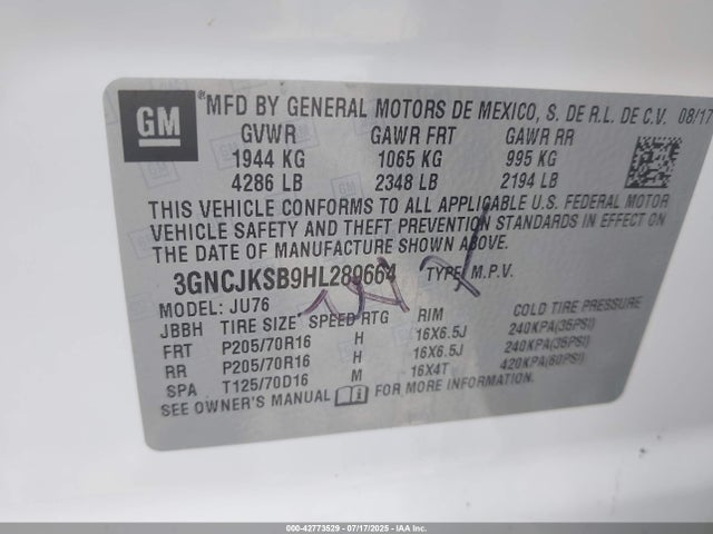 3GNCJKSB9HL289664 Chevrolet luv - mfi, vvt: variable valve timing, e85 max, alum