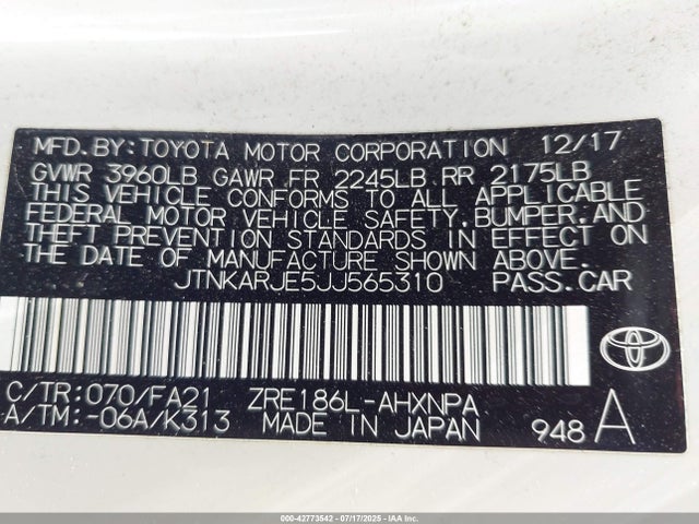 JTNKARJE5JJ565310 Toyota 2zr-fae