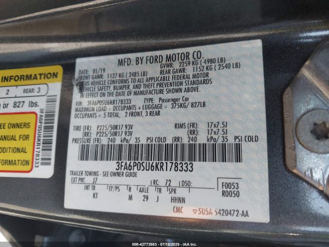 2019 FORD FUSION ENERGI 3FA6P0SU6KR178333 Photo 8