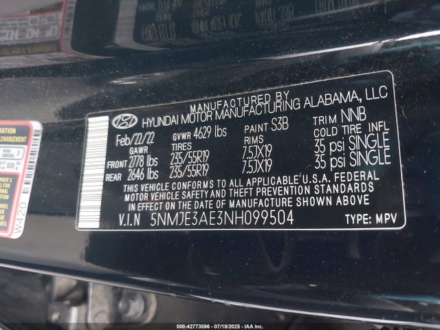 5NMJE3AE3NH099504 Hyundai gdi theta iii
