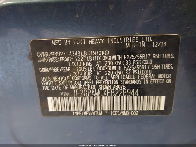 JF2GPAMCXF8228944 Subaru 2.0l naturally aapirated