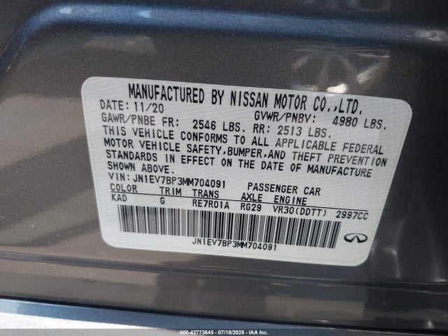 JN1EV7BP3MM704091 Infiniti 3.0l t