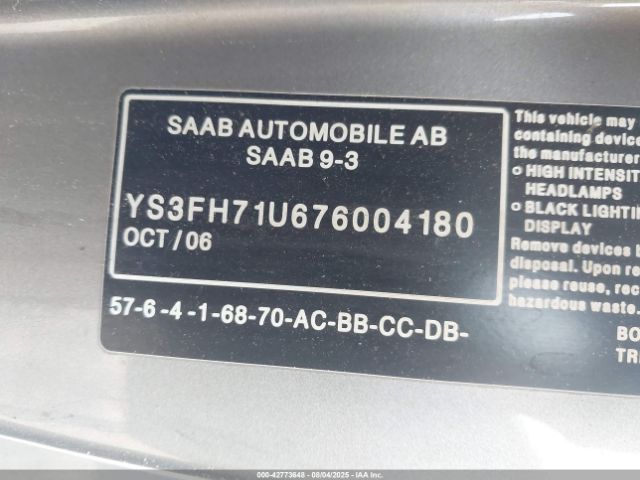 2007 SAAB 9-3 YS3FH71U676004180 Photo 8