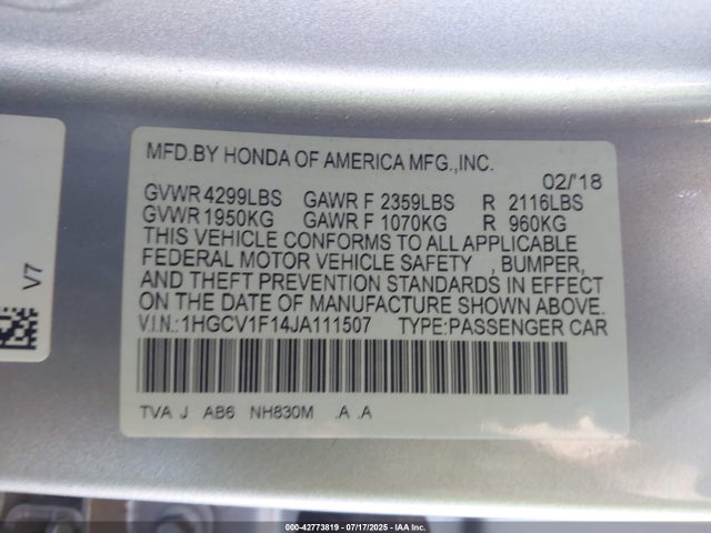 1HGCV1F14JA111507 Honda l15be