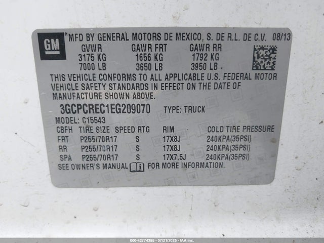 3GCPCREC1EG209070 Chevrolet l83 - vvt, afm (active fuel management), aluminum
