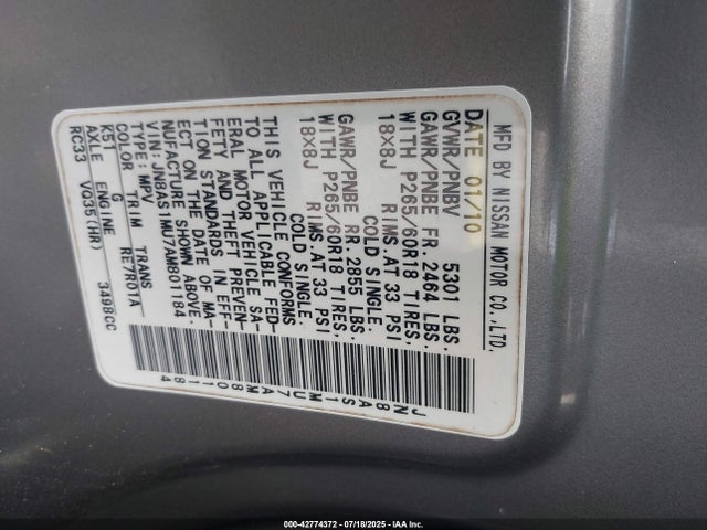 Продаж на аукціоні авто 2010 Infiniti Fx35, vin: JN8AS1MU7AM801184, номер лоту: 42774372