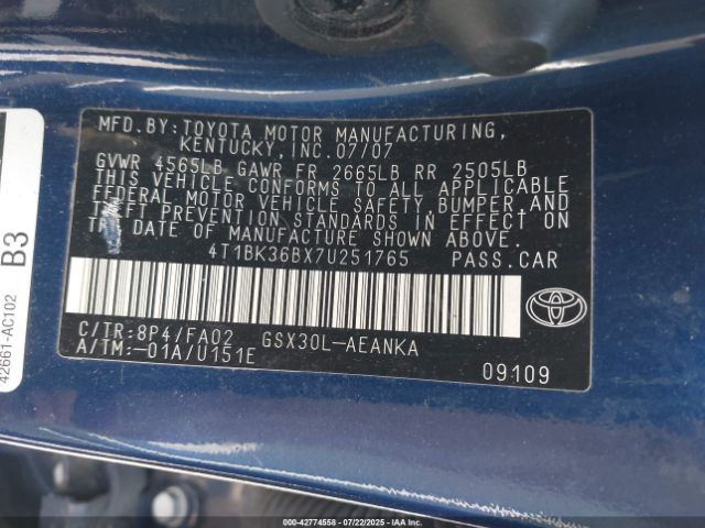 2007 TOYOTA AVALON 4T1BK36BX7U251765 Photo 8