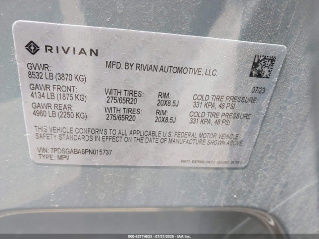 Rivian R1s 2023 7PDSGABA6PN015737 Image 9