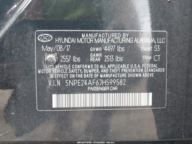 5NPE24AF6JH599582 Hyundai gdi theta-ii