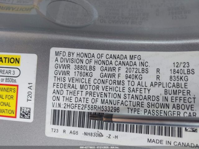 2024 HONDA CIVIC 2HGFE2F58RH533296 Photo 8