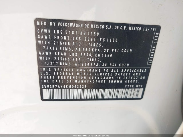 3VV3B7AX4KM063938 Volkswagen Tiguan