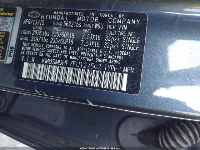 KM8SMDHF7FU127502 Hyundai dohc gdi lambda ii