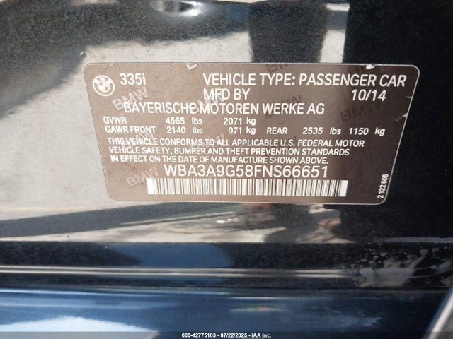 BMW 335i 2015 WBA3A9G58FNS66651 Image 9