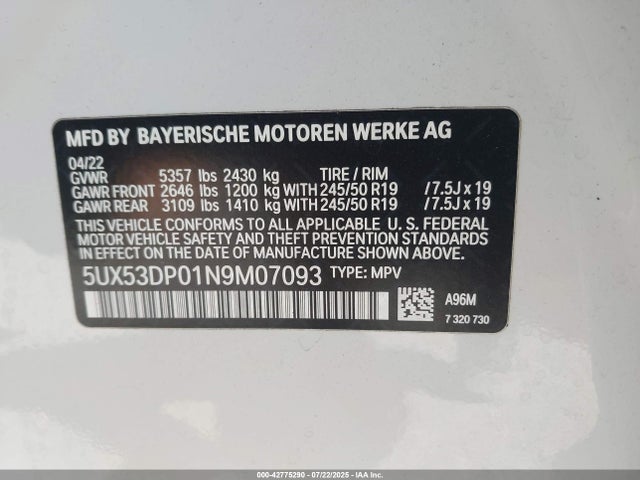 BMW X3 2022 5UX53DP01N9M07093 Image 9