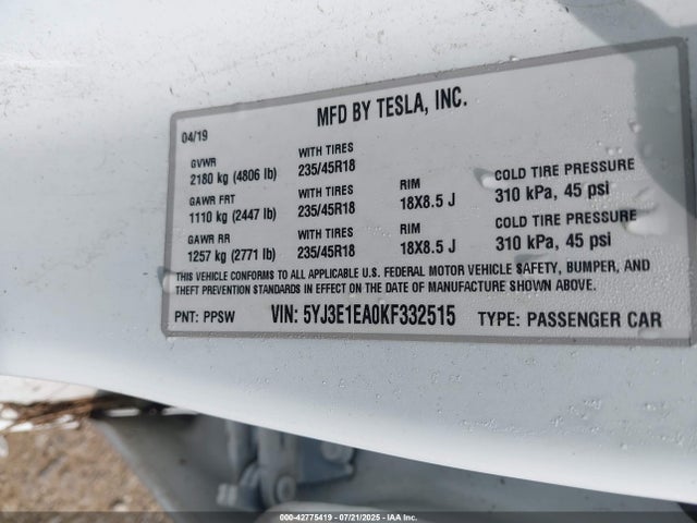 2019 TESLA MODEL 3 5YJ3E1EA0KF332515 Photo 8