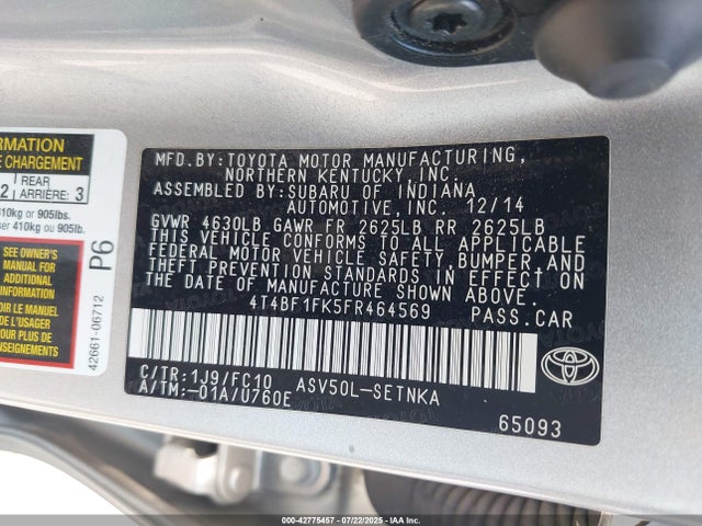 Toyota 2ar-fe 2015 4T4BF1FK5FR464569 Image 9