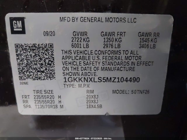 1GKKNXLS5MZ104490 GMC lgx