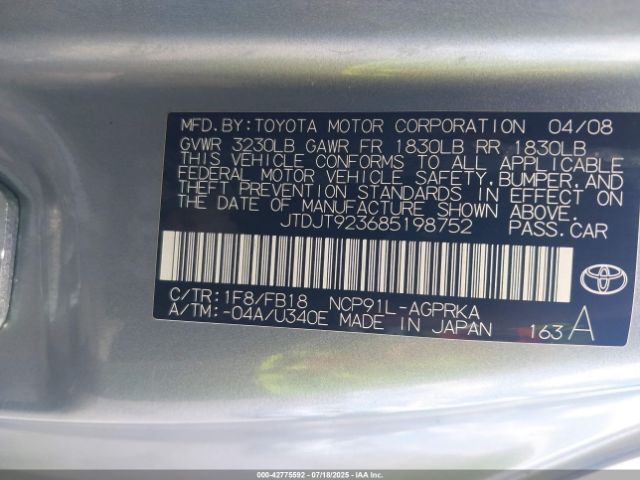 2008 TOYOTA YARIS JTDJT923685198752 Photo 8