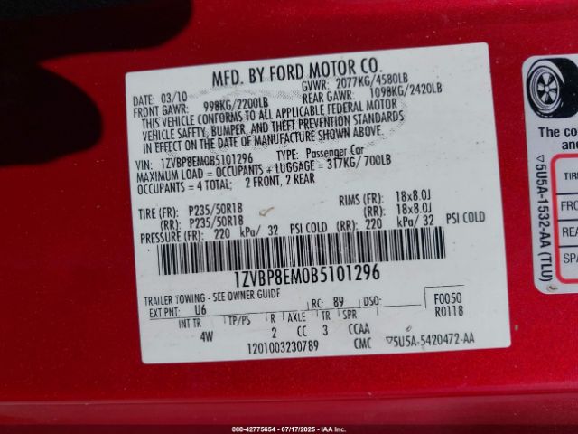 2011 FORD MUSTANG 1ZVBP8EM0B5101296 Photo 8