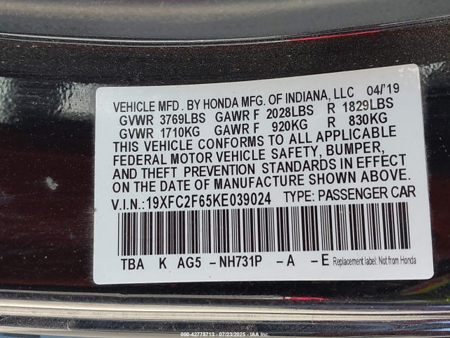 Honda k20c2 2019 19XFC2F65KE039024 Image 9