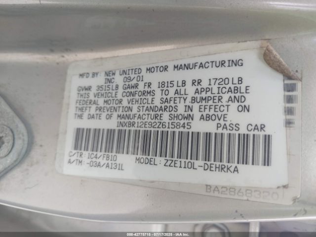 2002 TOYOTA COROLLA 1NXBR12E92Z615845 Photo 8