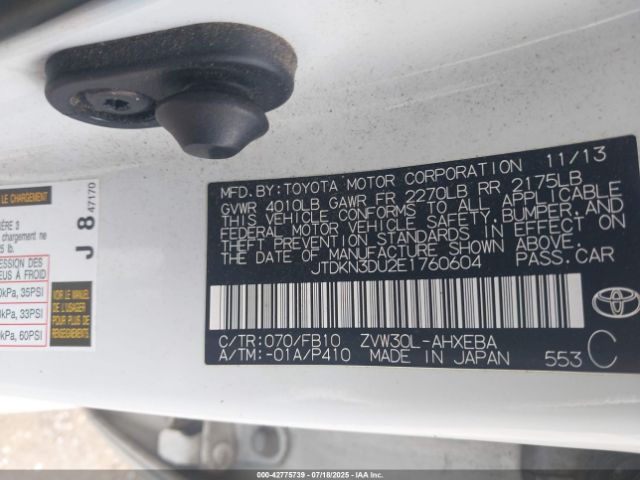 2014 TOYOTA PRIUS JTDKN3DU2E1760604 Photo 8