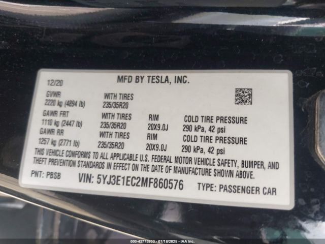 2021 TESLA MODEL 3 5YJ3E1EC2MF860576 Photo 8
