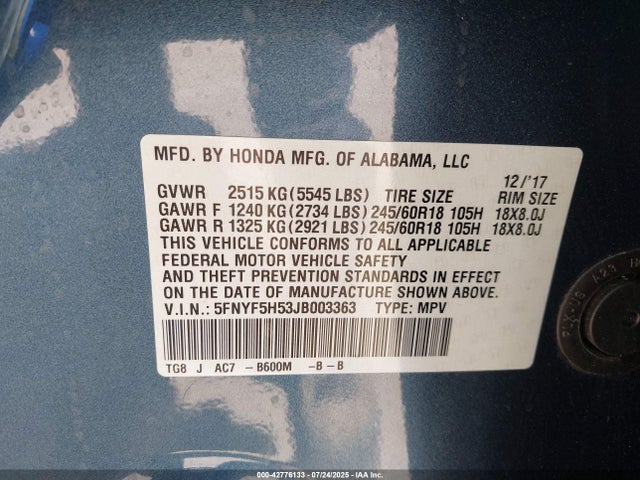 Honda j35y6 2018 5FNYF5H53JB003363 Image 9