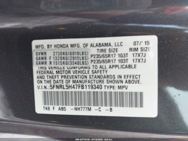 2015 HONDA ODYSSEY 5FNRL5H47FB119340 Photo 8