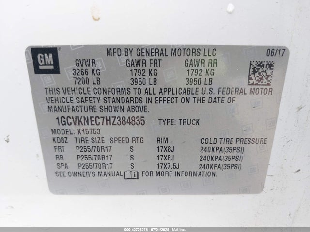 1GCVKNEC7HZ384835 Chevrolet l83 - sidi: spark ignited direct injection, vvt: variable valve timing, afm, e85 max, alum