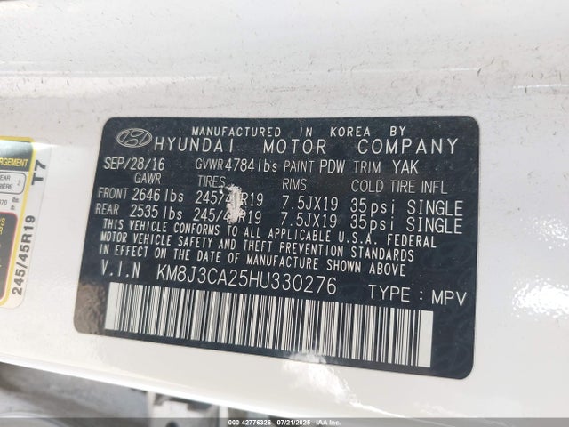 2017 Hyundai Tucson Sport მანქანა იყიდება აუქციონზე, vin: KM8J3CA25HU330276, აუქციონის ნომერი: 42776326