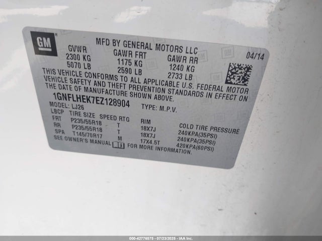 1GNFLHEK7EZ128904 Chevrolet lea - flex fuel (gas/alc), aluminum, high output