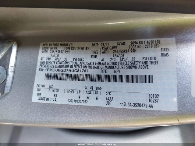 1FMCU0GD7HUC81787 Ford gtdi sigma w/premium fuel