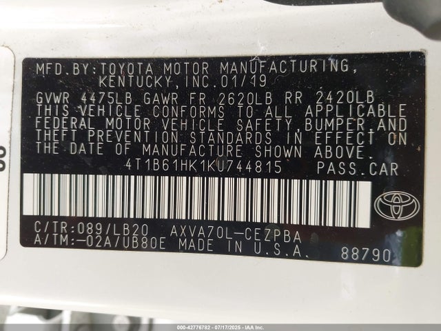 4T1B61HK1KU744815 Toyota a25a-fks