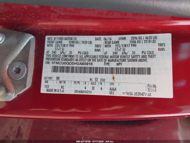 1FMCU0GD5HUA60916 Ford gtdi sigma w/premium fuel