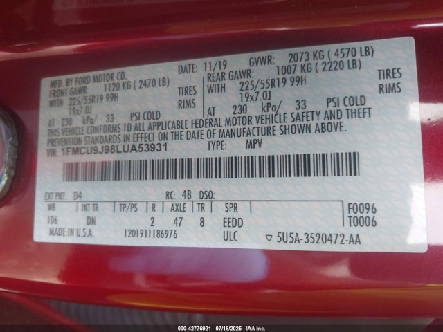 Ford gtdi, 240ps 2020 1FMCU9J98LUA53931 Image 9