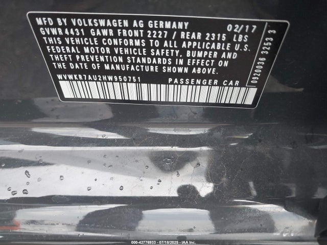 WVWKR7AU2HW950751 Volkswagen 2017