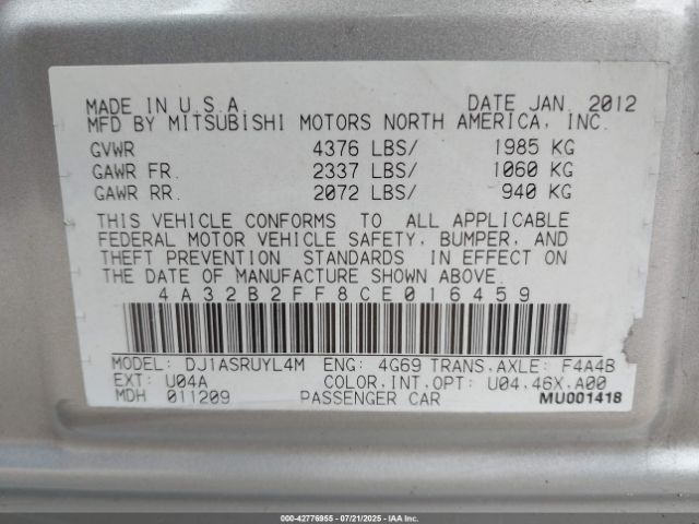 2012 MITSUBISHI GALANT 4A32B2FF8CE016459 Photo 8