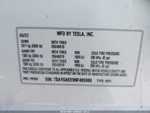 2022 TESLA MODEL Y 7SAYGAEE9NF485999 Photo 8