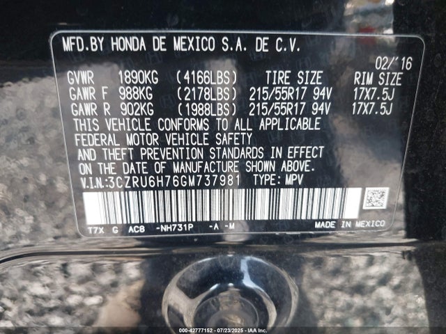 3CZRU6H76GM737981 Honda r18z9