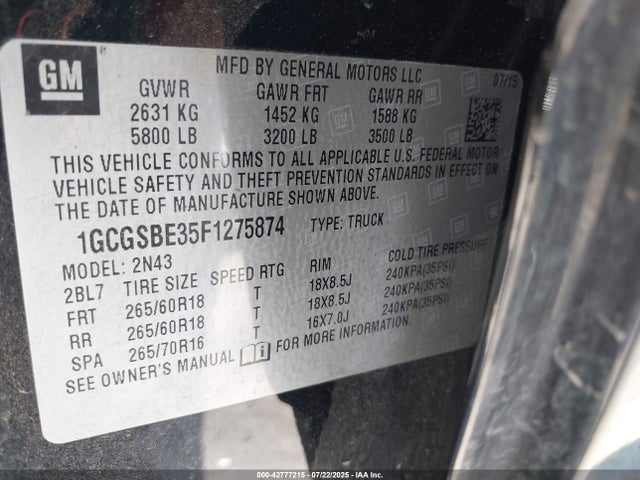 1GCGSBE35F1275874 Chevrolet lfx - sidi, vvt, e85 max, alum