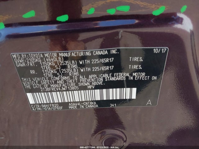 2T3BFREV4JW713805 Toyota 2ar-fe