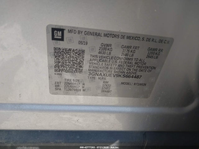 3GNAXUEV9KS664487 Chevrolet lyx - direct injection, vvt, fgt, turbo, alum, gen1