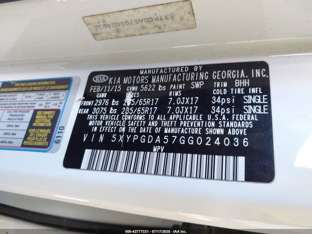 KIA dohc gdi lambda ii 2016 5XYPGDA57GG024036 Image 9