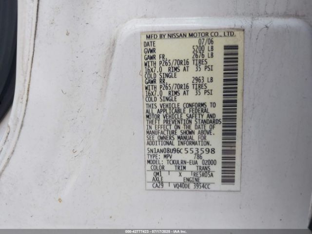 2006 NISSAN XTERRA 5N1AN08U96C553598 Photo 8