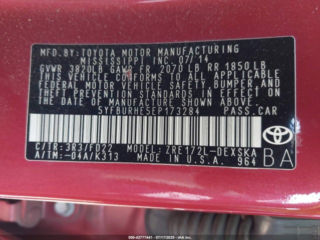 5YFBURHE5EP173284 Toyota 2zr-fe