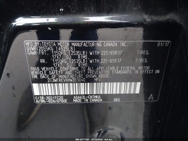 2T3WFREVXHW351040 Toyota 2ar-fe