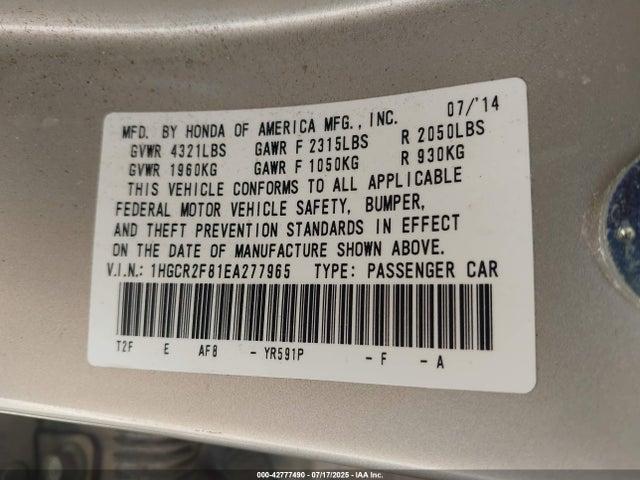 Honda k24w1 2014 1HGCR2F81EA277965 Image 17